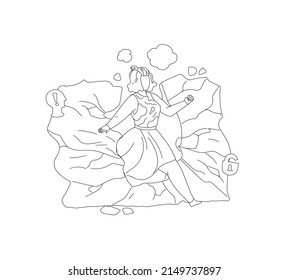 Woman walk through stone wall overcoming obstacle outline vector. Business challenge, task solution, goal achievement, dont give up, fight with problem concept