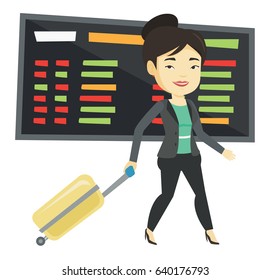 Woman walking at the airport. Passenger with suitcase walking on the background of schedule board. Woman pulling suitcase in airport. Vector flat design illustration isolated on white background.