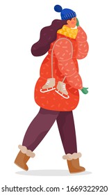 Woman walking alone, winter cold weather. Lady in warm clothes like orange overcoat and scarf, hat and boots. Person go for skating and hold skate footwear. Vector illustration of seasonal clothing