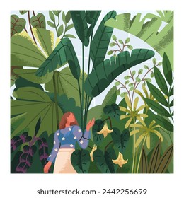 Mujer caminando entre las plantas de hojas en el jardín botánico, parque. Persona en la naturaleza verde, diseño de la tarjeta. Conservatorio floral con vegetación densa, flora, hojas, vegetaciones tropicales. Ilustración vectorial plana