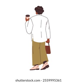 Woman walking away with coffee cup in hand, view from behind. Female employee,office worker holding takeaway drink and bag, turned back. Flat vector illustration isolated on white background