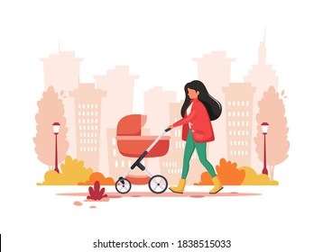 Woman walking with baby carriage in autumn. Outdoor activity. Vector illustration.