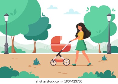 Woman Walking With Baby Carriage In City Park. Outdoor Activity. Vector Illustration.