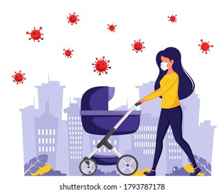 Woman walking with baby carriage during pandemic. Woman in face mask. Outdoor activities during pandemic. Vector illustration in flat style.