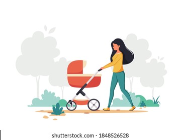 Woman walking with baby carriage. Outdoor activity. Vector illustration.