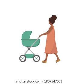 Woman walking with baby carriage. Outdoor activity. Motherhood. Happy young mother with the baby in the pram. Vector illustration in a flat style