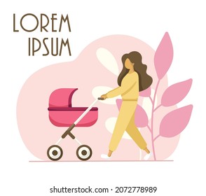 Woman walking with baby carriage. Outdoor activity. Motherhood. Happy young mother with the baby in the pram. Vector illustration in a flat style.