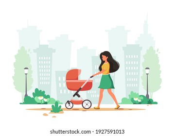 Woman walking with baby carriage in spring. Outdoor activity. Vector illustration.