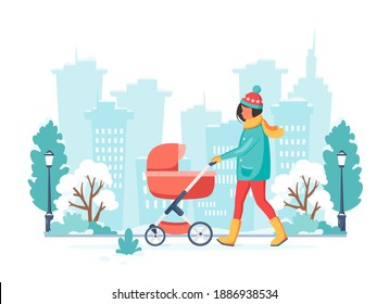 Woman walking with baby carriage in winter. Outdoor activity. Vector illustration.