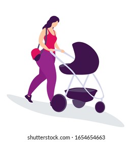 Woman walking with baby in stroller.