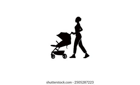 woman walking baby in stroller, black isolated silhouette