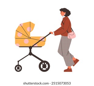 Mulher andando com carrinho de bebê. Personagem de mãe jovem dos desenhos animados passeando bebê recém-nascido no carrinho de bebê amarelo. Ilustração plana vetorial isolada sobre fundo branco. Passarela de segurança