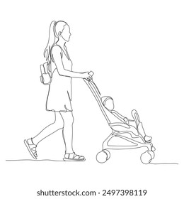 Woman walking with baby stroller. Side view. Continuous line drawing. Black and white vector illustration in line art style.