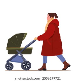 Woman Walking with Baby Stroller in Winter Attire - Flat Vector Illustration