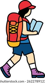 A woman is walking with a backpack and a book. She is wearing a red hat and blue shorts