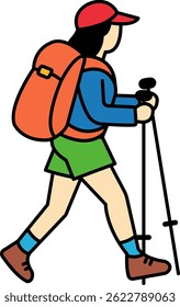 A woman is walking with a backpack and a walking stick. She is wearing a red hat. Concept of adventure and outdoor exploration