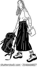 Woman walking with backpack Traveler lifestyle Hand drawn line art Illustration