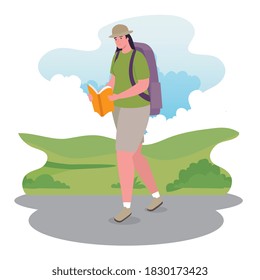 woman walking with bag and book design, Outdoor activity and season theme Vector illustration