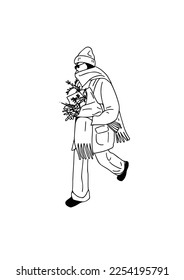 woman walking in a bag with flowers casual style hand drawn street art illustration