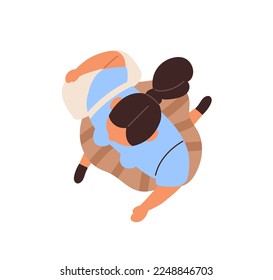 Woman walking with bag, overhead top view. Female character going on her business outdoors, down street. Person with ponytail from above. Flat graphic vector illustration isolated on white background