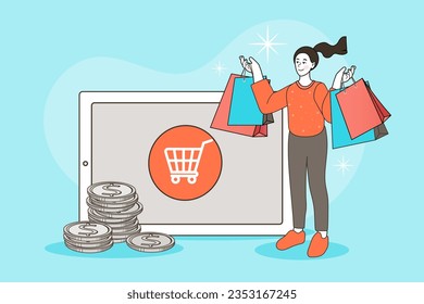Woman Walking with Bags near Huge Tablet. Purchase in One Click, Online Shopping Concept. Girl Use App for Buying, Digital Internet Store. Making purchases over Internet. Cartoon Vector Illustration.