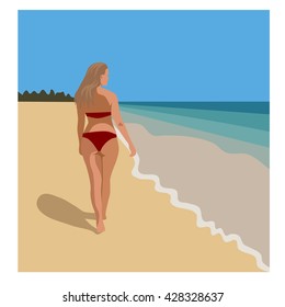 woman walking at beach in red bikini, vector