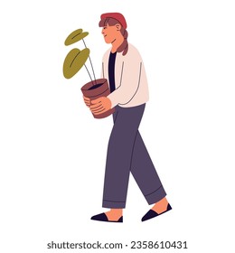 Woman walking in beret. Girl carrying flower, plants lover holds pot in hand, cares about houseplant. Gardener wearing casual clothes. Flat isolated vector illustration on white background