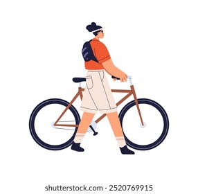 Mujer caminando con bicicleta. Turista ciclista feliz yendo y sosteniendo la bicicleta durante la aventura al aire libre, viaje. Carácter femenino con transporte ecológico. Ilustración vectorial plana aislada sobre fondo blanco