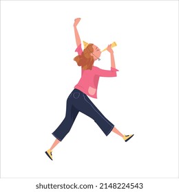 Woman Walking in Birthday Hat Blowing Whistle Celebrating Holiday Vector Illustration