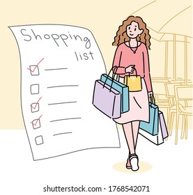 A woman is walking with a bunch of shopping bags. Next to her is a shopping list. hand drawn style vector design illustrations. 