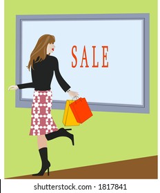 woman walking by window with word  sale