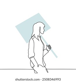 woman walking carrying banner on stick on shoulder - one line art vector. concept female protester returning from rally, unmotivated student carrying billboard. Handmade vector not AI