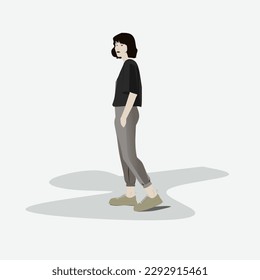 A woman walking casually wearing a black shirt and cream pants.  Flat design