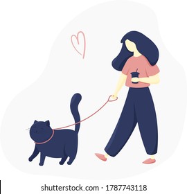 Woman walking with cat. Vector illustration of people and pet. Happy, funny people playing, love and taking care of kittens, pet animals in flat cartoon style. Girl with coffee walks with her cat.