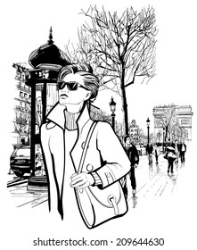 Woman walking in Champs-Elysees avenue in Paris - Vector illustration