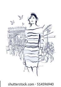 Woman walking at the Champs-Elysees avenue in Paris - Vector illustration