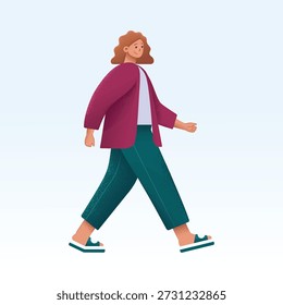 woman, walking, character, vector, flat, girl, illustration, fashion, texture, female, grain, lifestyle, casual, person, trendy, outfit, motion, young, modern, design