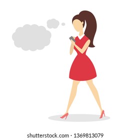 Woman walking and chatting in mobile phone. Online communication, internet addiction. Mobile application for chat with friends. Isolated flat vector illustration