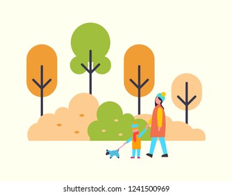 Woman walking with child and cute pet dog outdoors. Autumn season scenery, color trees and bushes. Vector people in autumnal park vector isolated