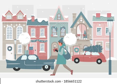 Woman walking with Christmas gifts on snow street vector illustration. Cartoon snowy festive cityscape with female character holding gift box present after shopping on winter holiday sales background