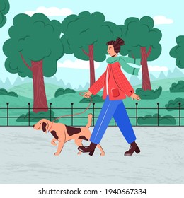 Woman walking in city park with dog vector flat cartoon illustration. Female character spending time outdoor with domestic animal. Girl taking puppy on leash. Dog walker, professional sitter concept.