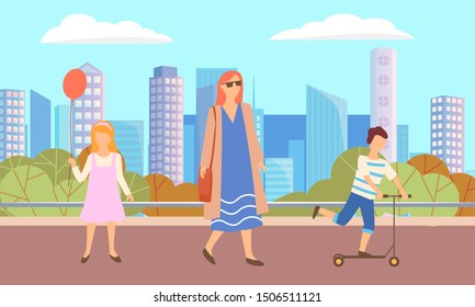 Woman walking in city park. Girl with red balloon stand on street. Boy riding scooter on asphalted road. Lady in dress and cardigan. Beautiful landscape on background. Vector illustration flat style
