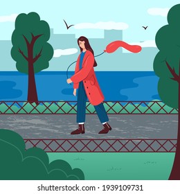 Woman walking in city park with red air balloon vector flat cartoon illustration. Female character spending time outdoor in urban park. Girl relaxing outdoor. Girl going on the road.