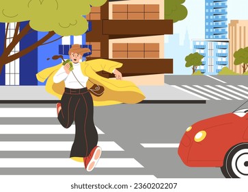 Woman walking city street concept. Young girl in trendy and fashion clothes at crosswalk near red car. Citizen go to work in autumn season. Urban scene. Cartoon flat vector illustration