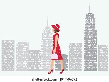 Woman walking in the city, vector