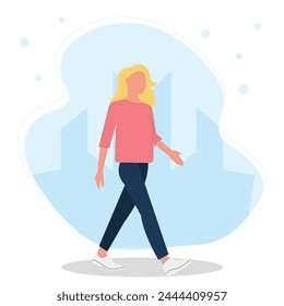 Woman walking in the city vector illustration in flat style, healthy lifestyle and mental health concept