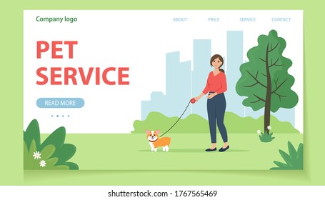 Woman walking with a Corgi dog. Template for pet service, sitter, walker, vet clinic, pet care, hospital, dog shelter. Design for landing page, poster, banner, flyer, web, advertising. Vector illustra