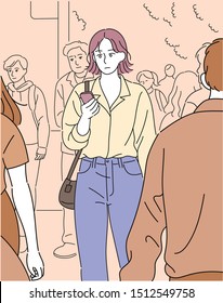 A woman is walking in the crowd. hand drawn style vector design illustrations. 