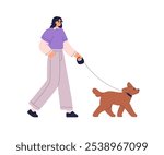 Woman walking cute dog on leash. Pet owner strolling outdoors, leading happy puppy, profile. Female and companion puppy, doggy on street. Flat vector illustration isolated on white background