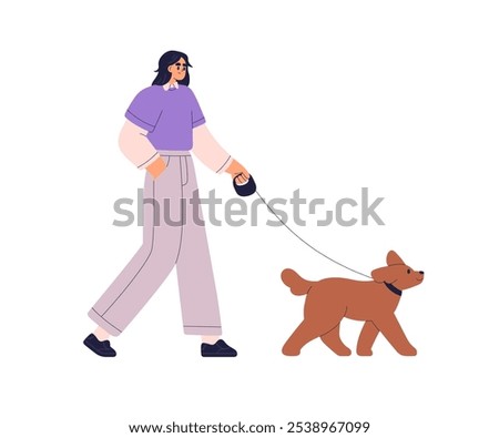 Woman walking cute dog on leash. Pet owner strolling outdoors, leading happy puppy, profile. Female and companion puppy, doggy on street. Flat vector illustration isolated on white background